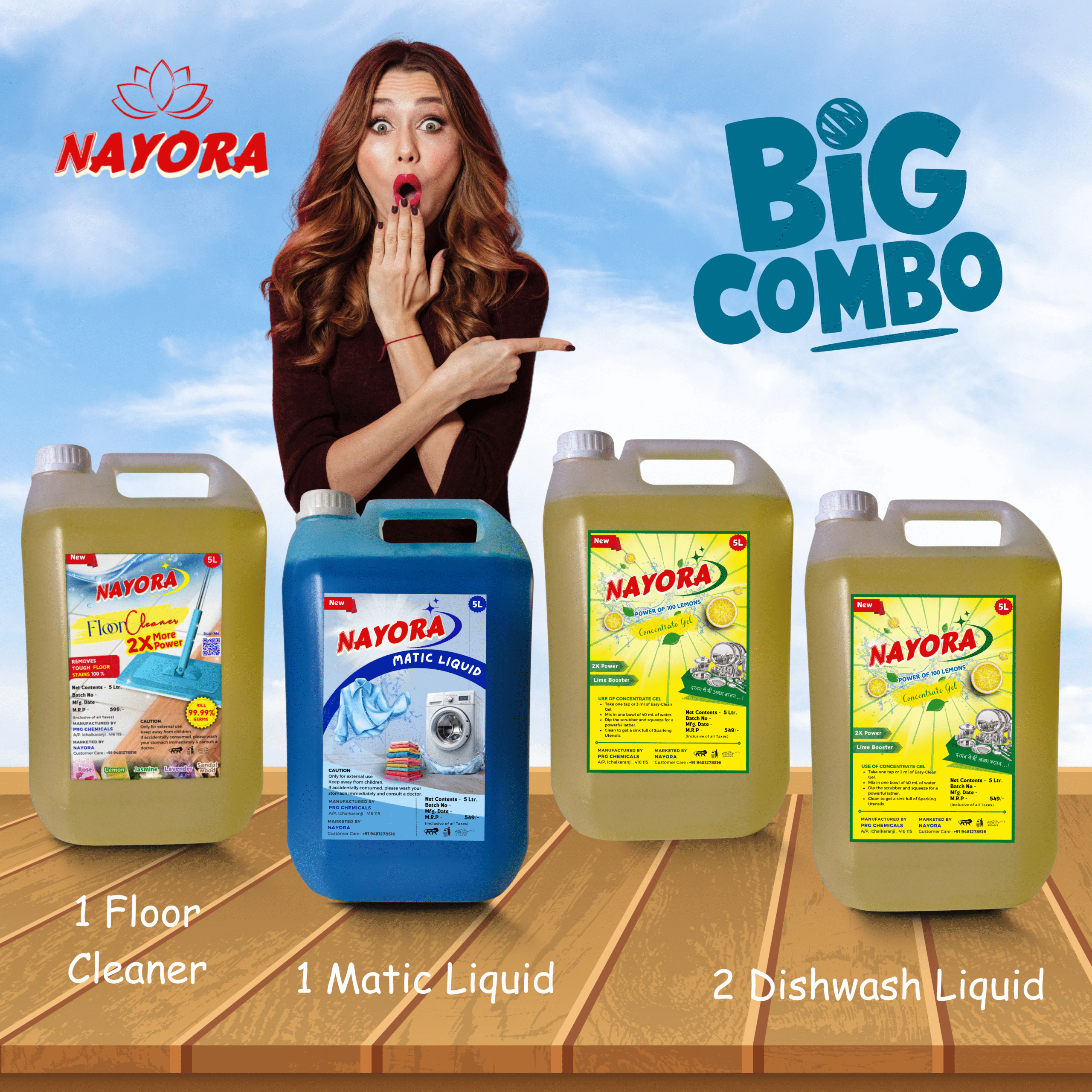 Nayora Floor Cleaner (5L x 1), Dishwash Liquid (5L x 2) & Matic Liquid (5L x 1) - Combo Pack