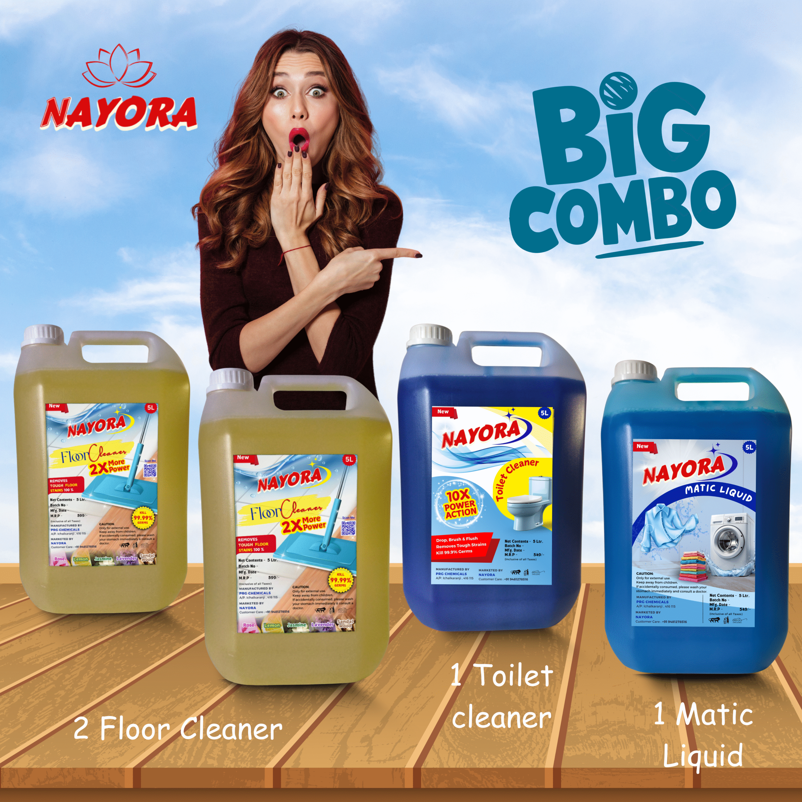 Nayora Floor Cleaner (5L x 2), Matic Liquid (5L x 1) & Toilet Cleaner (5L x 1) - Combo Pack